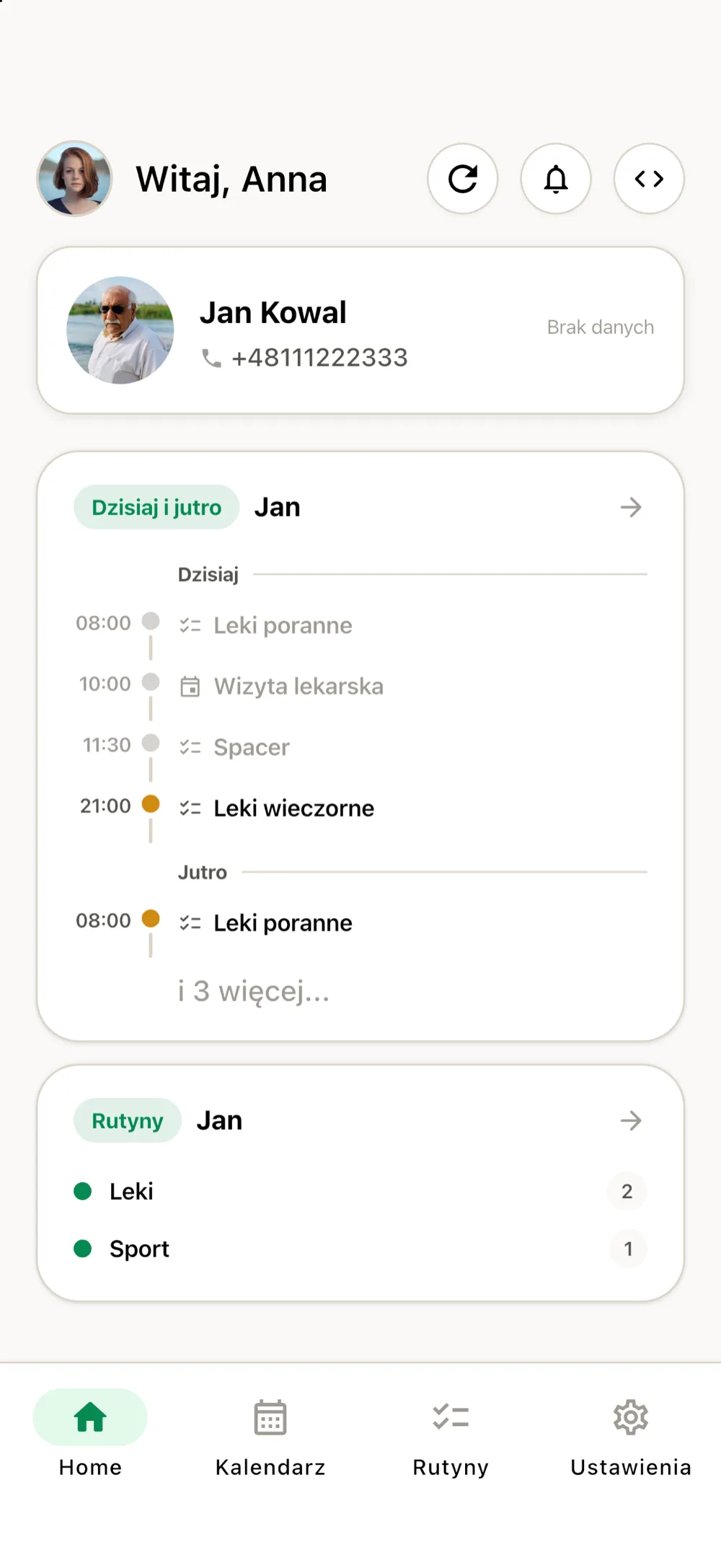 Aplikacja BądźmyBlisko — ekran główny opiekunki z planem dnia i rutynami podopiecznego