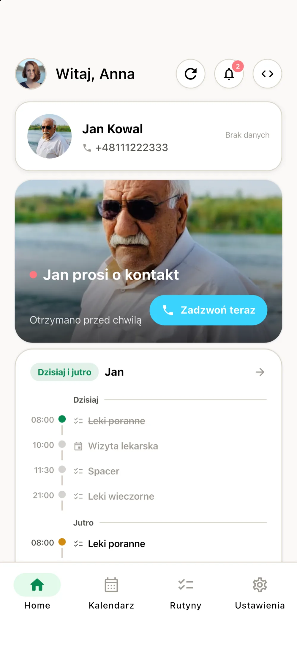 Aplikacja BądźmyBlisko — widok opiekunki Anny z prośbą o kontakt od Jana