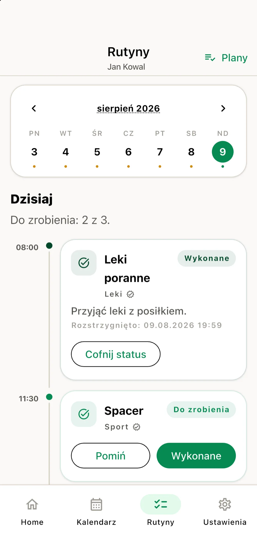 Ekran rutyn w aplikacji opiekuna — zadania oznaczone jako wykonane lub do zrobienia