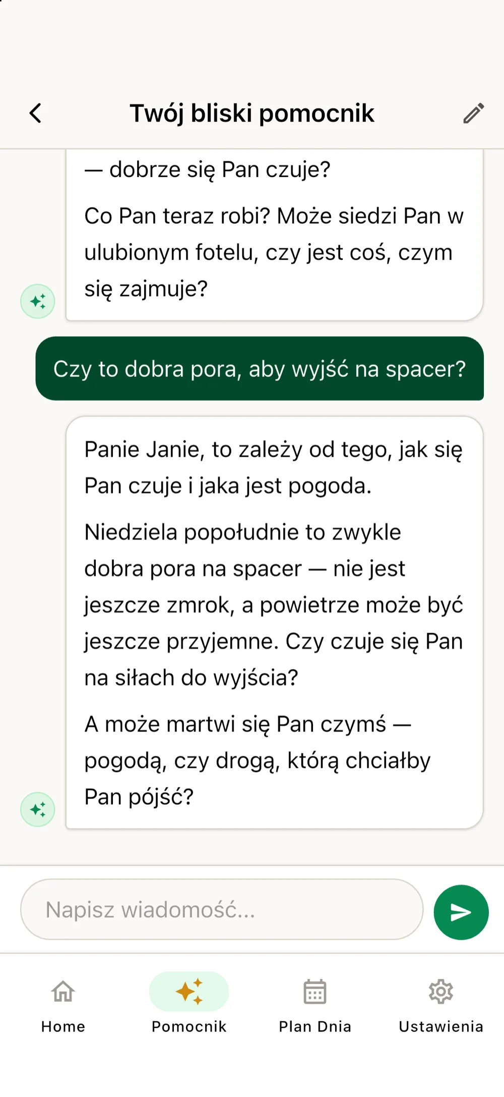 Rozmowa z pomocnikiem AI — pytanie o spacer i spokojna, życzliwa odpowiedź