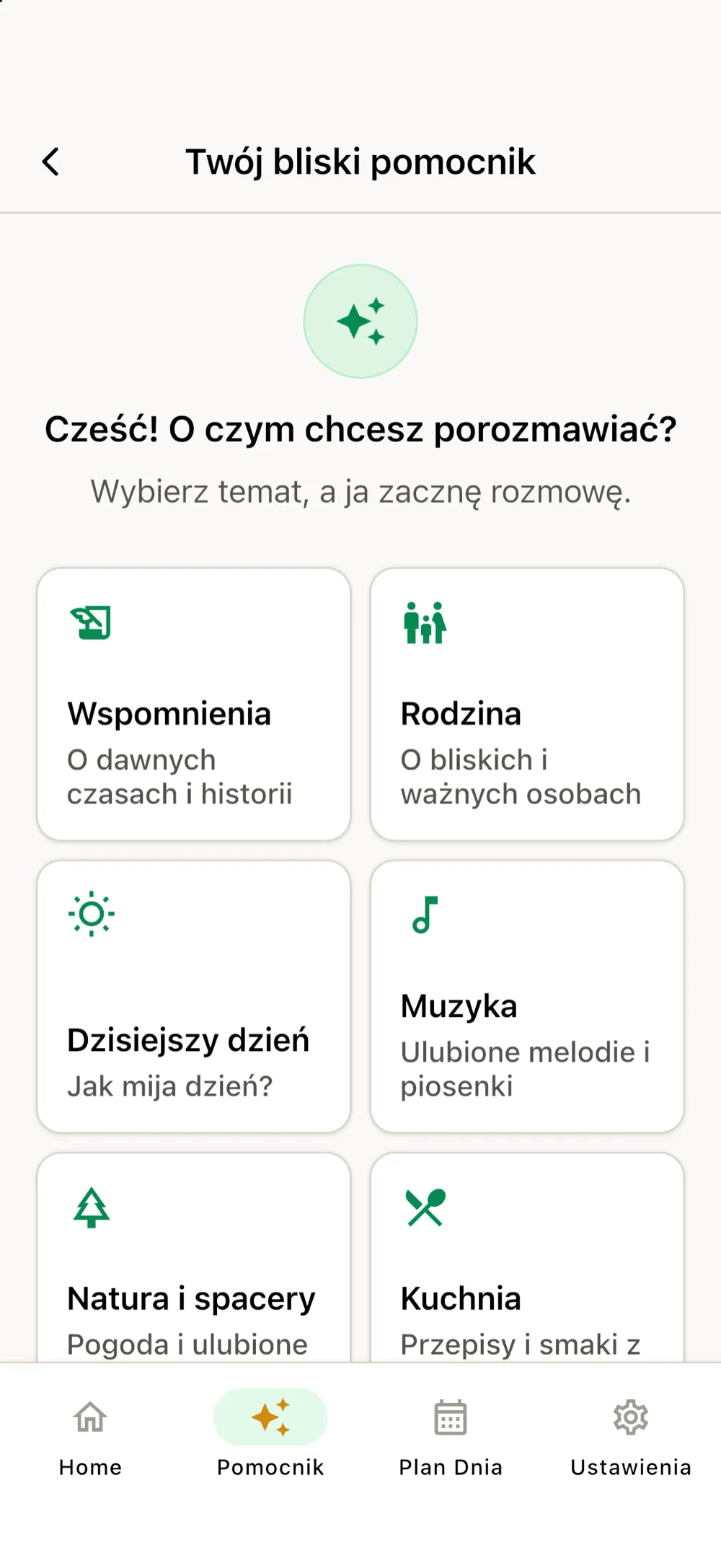 Ekran wyboru tematu rozmowy z pomocnikiem: Wspomnienia, Rodzina, Dzisiejszy dzień, Muzyka, Natura i spacery, Kuchnia