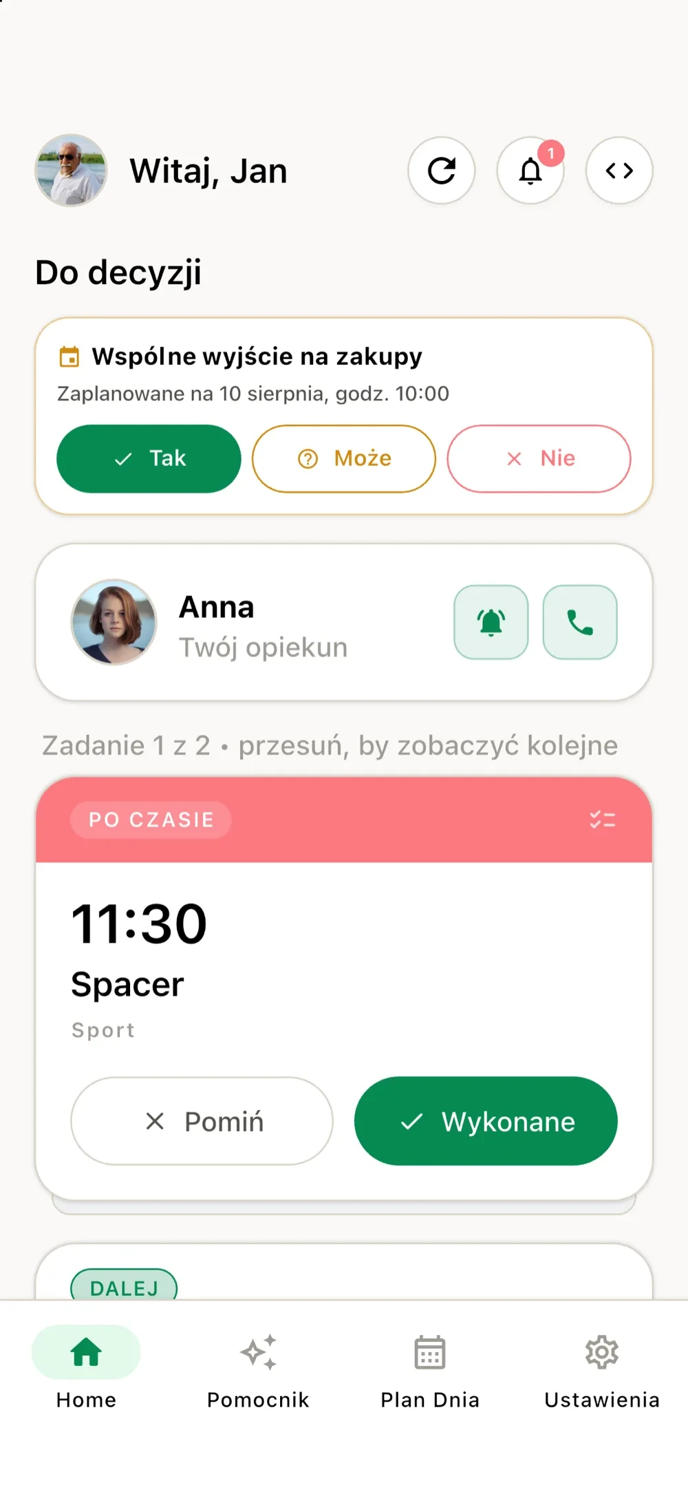 Aplikacja BądźmyBlisko — widok seniora: propozycja wspólnego wyjścia z odpowiedzią Tak / Może / Nie