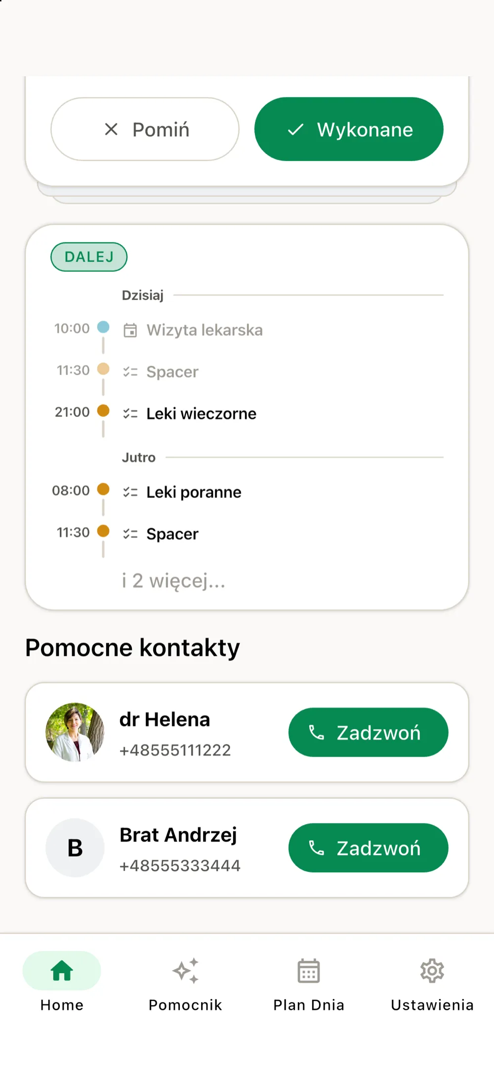 Widok seniora w aplikacji BądźmyBlisko — duże przyciski „Zadzwoń” przy pomocnych kontaktach