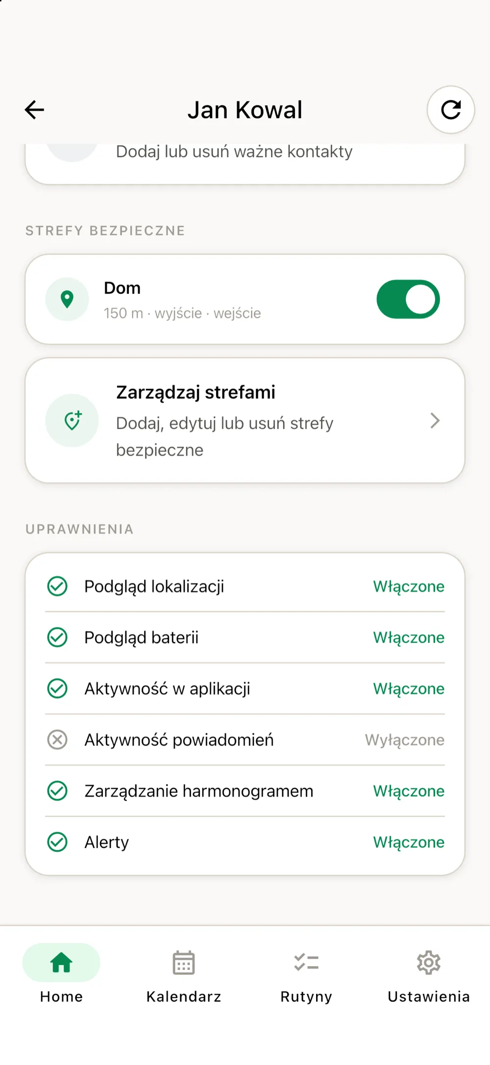 Ustawienia podopiecznego — lista uprawnień, każde z osobna włączane lub wyłączane
