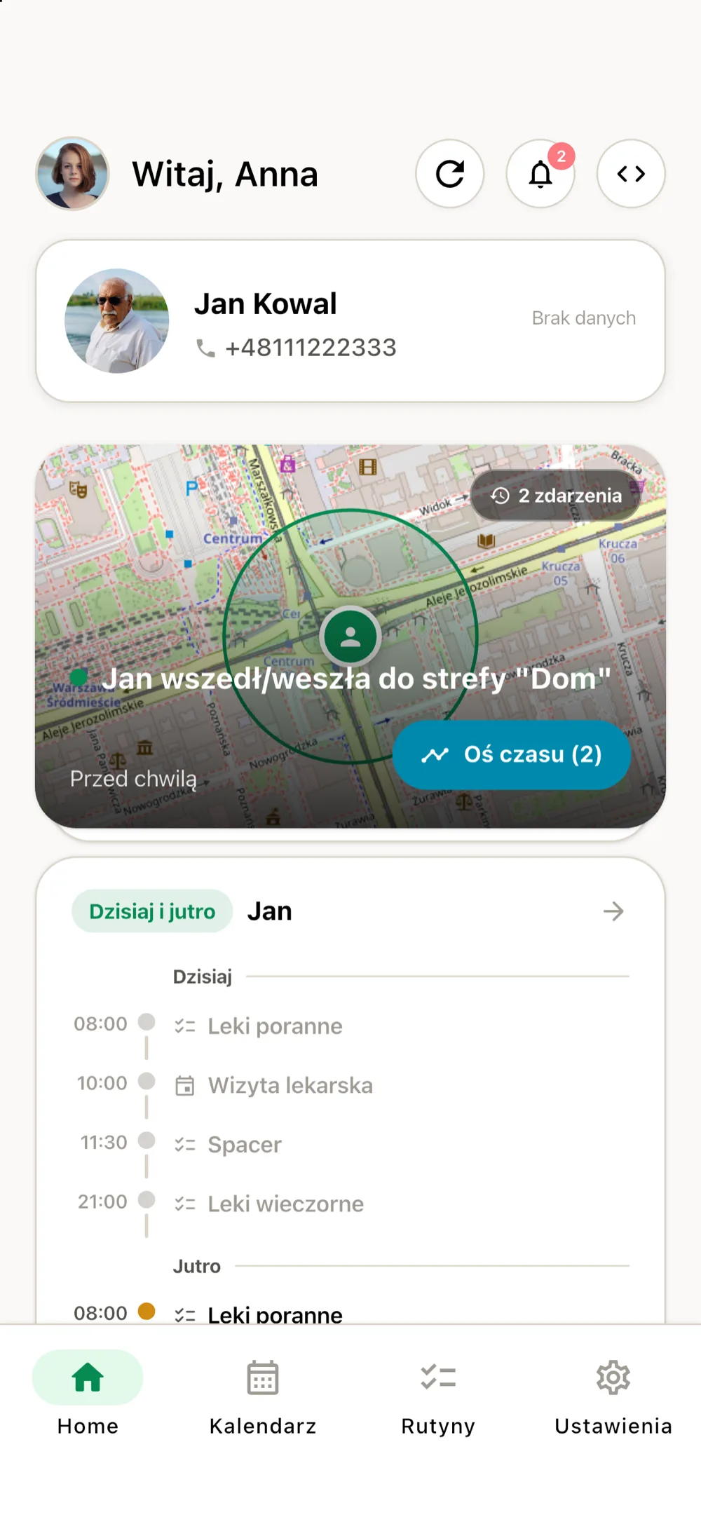 Powiadomienie u opiekuna: „Jan wszedł do strefy Dom” z zaznaczonym obszarem strefy na mapie