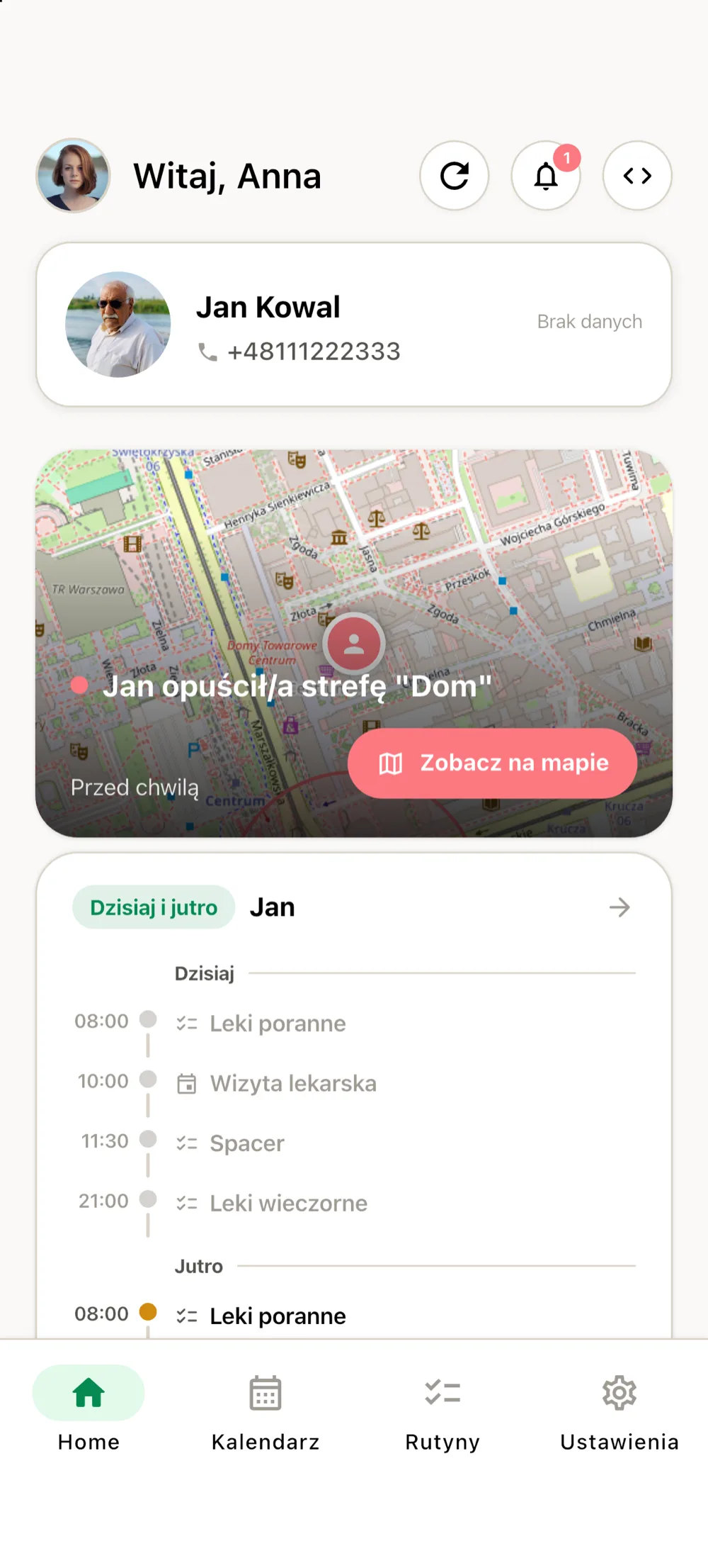 Powiadomienie u opiekuna: „Jan opuścił strefę Dom” z mapą i przyciskiem „Zobacz na mapie”