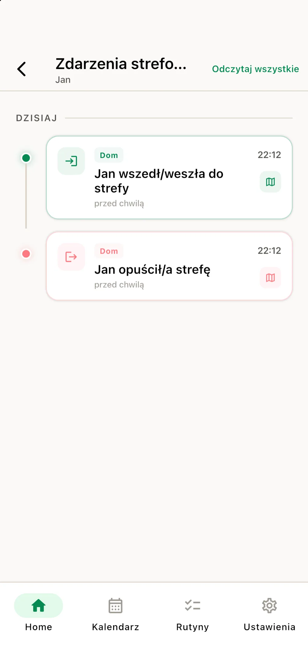 Oś czasu zdarzeń strefowych z godzinami wejścia i wyjścia ze strefy Dom